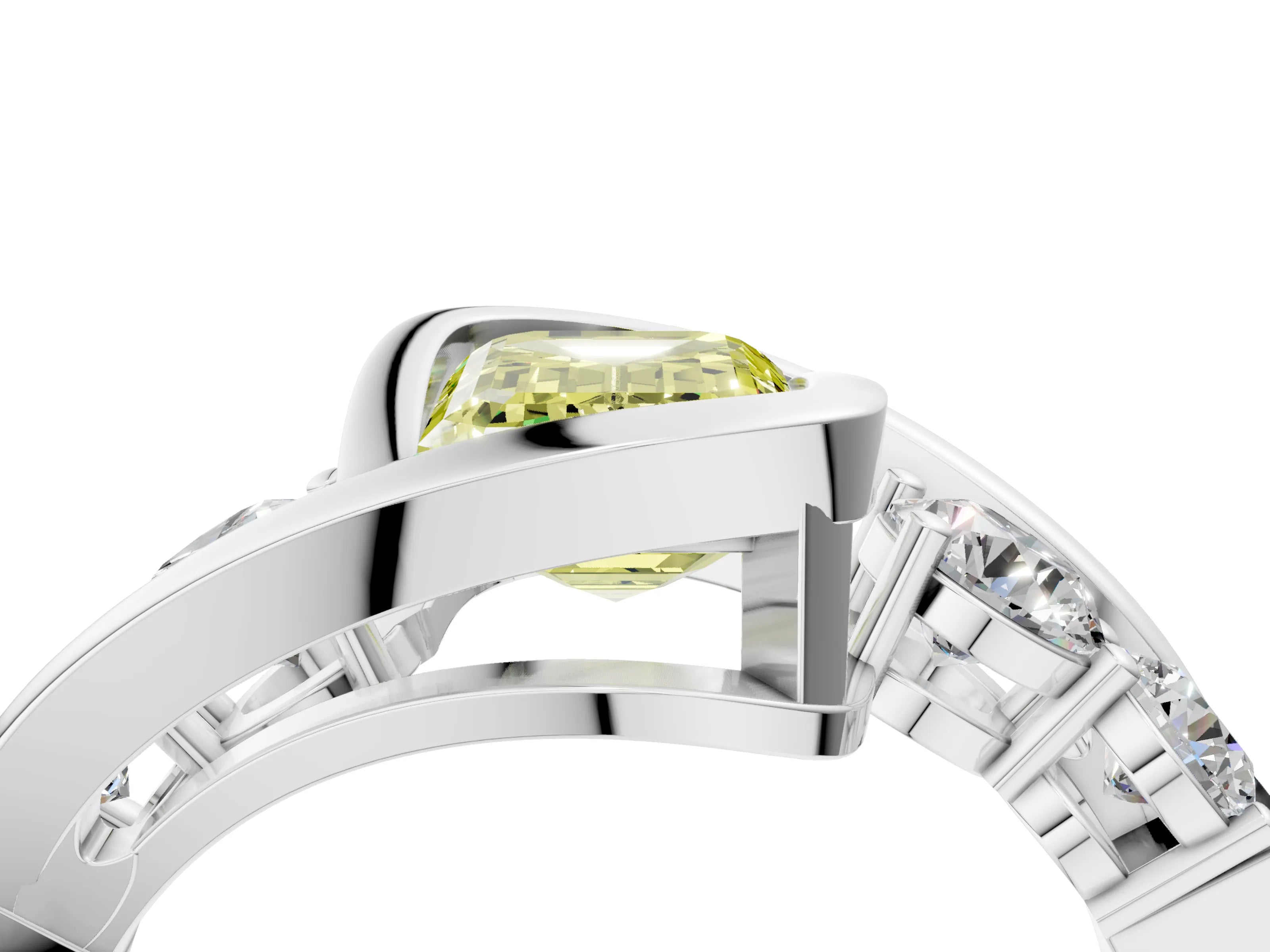 White gold Bezel Set Fancy Yellow Emerald Cut Diamond Split Shank Ring_4
