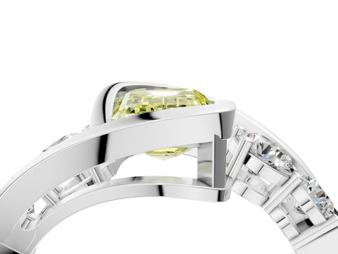 White gold Bezel Set Fancy Yellow Emerald Cut Diamond Split Shank Ring_4