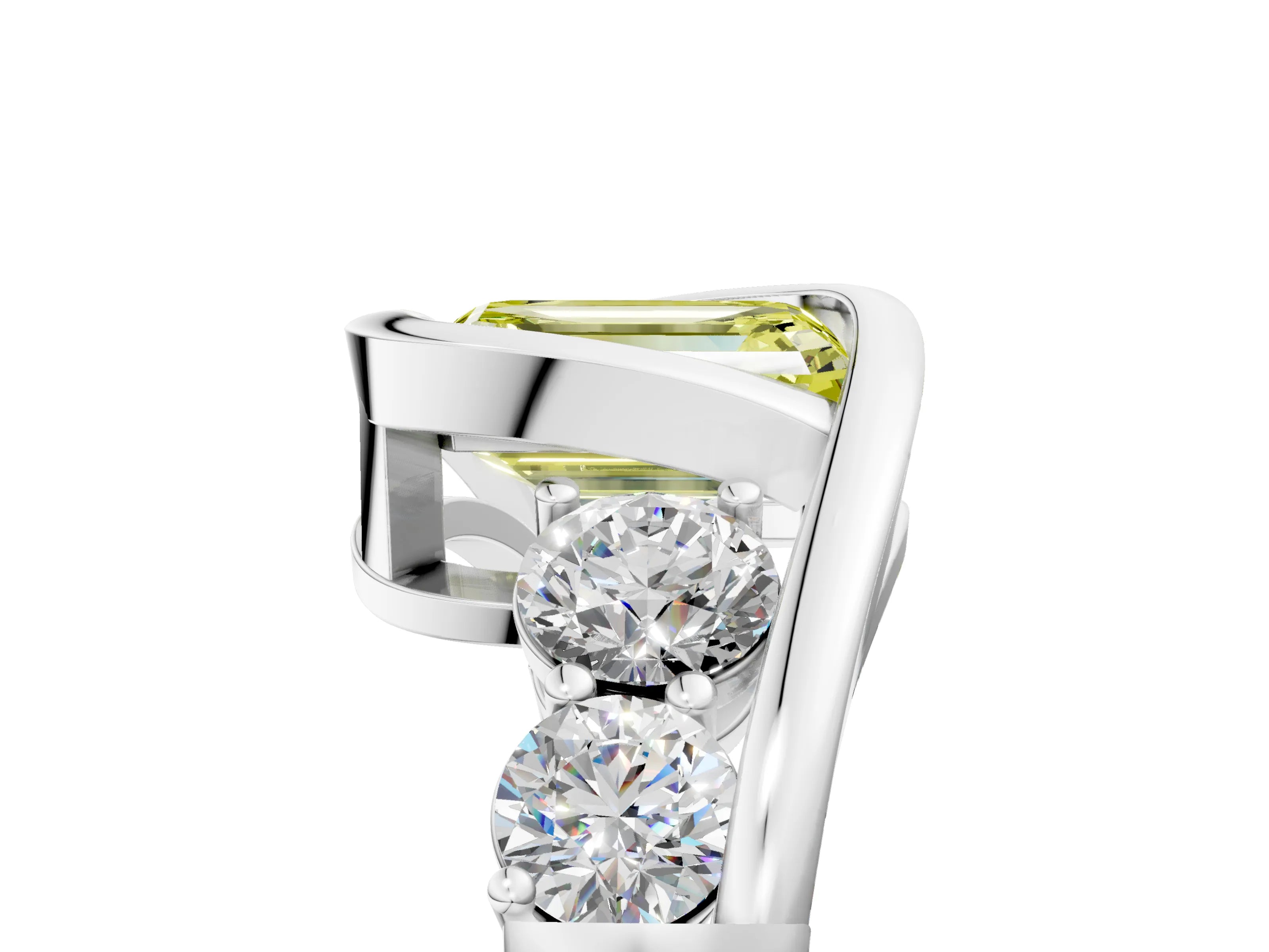 White gold Bezel Set Fancy Yellow Emerald Cut Diamond Split Shank Ring_5