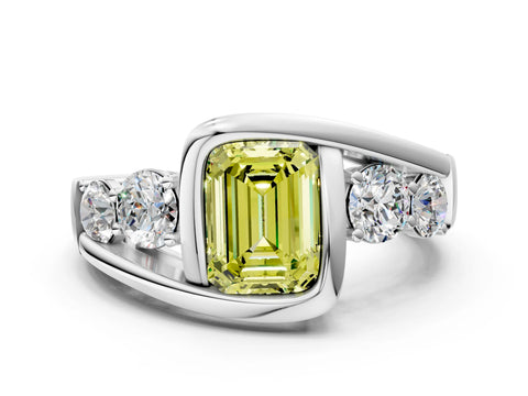 White gold Bezel Set Fancy Yellow Emerald Cut Diamond Split Shank Ring