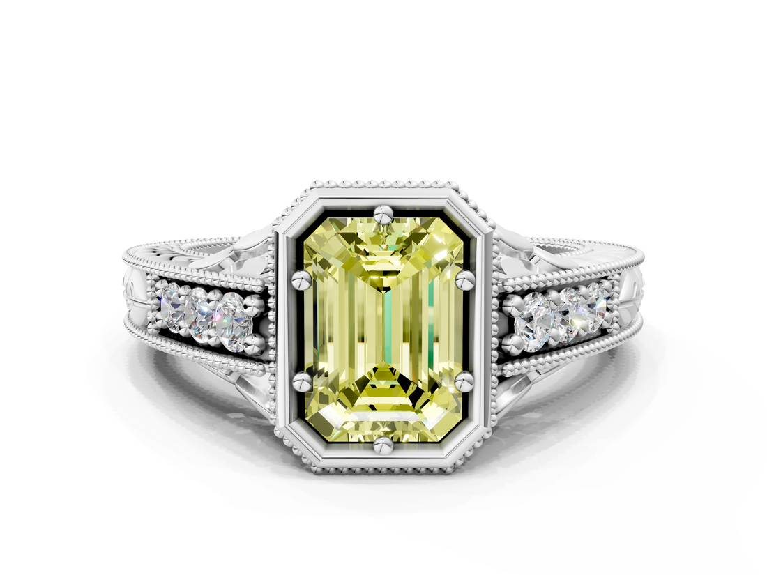 White gold Bezel Set Fancy Yellow Emerald  Diamond Milgrain Pave Engagement Ring_33