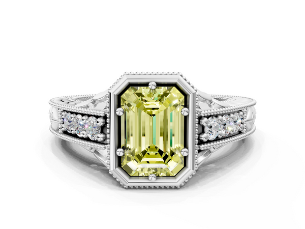 White gold Bezel Set Fancy Yellow Emerald  Diamond Milgrain Pave Engagement Ring
