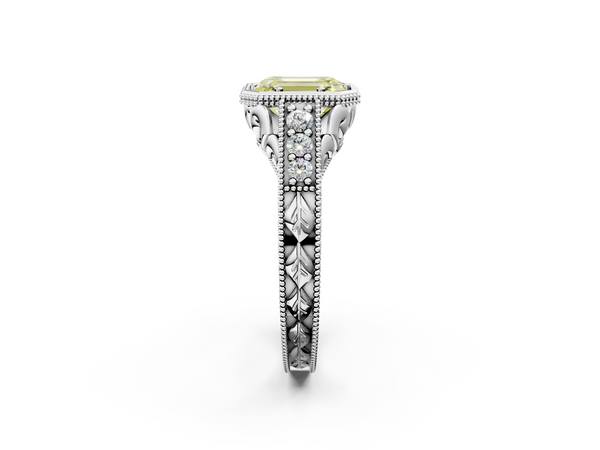 White gold Bezel Set Fancy Yellow Emerald  Diamond Milgrain Pave Engagement Ring