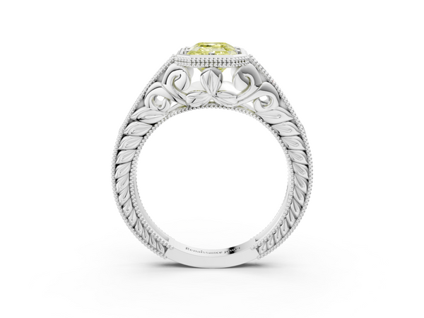 White gold Bezel Set Fancy Yellow Emerald  Diamond Milgrain Pave Engagement Ring