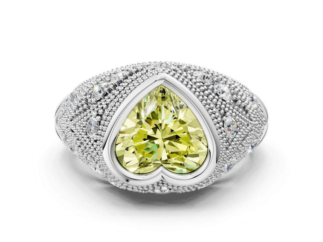 White gold Bezel Set Fancy Yellow Heart Cut Diamond Milgrain Band Ring