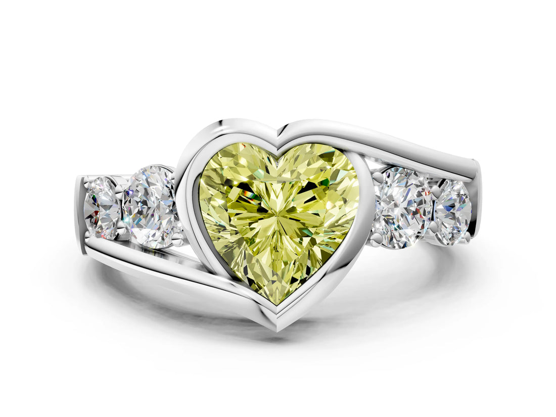 White gold Bezel Set Fancy Yellow Heart Cut Diamond Split Shank Ring_30