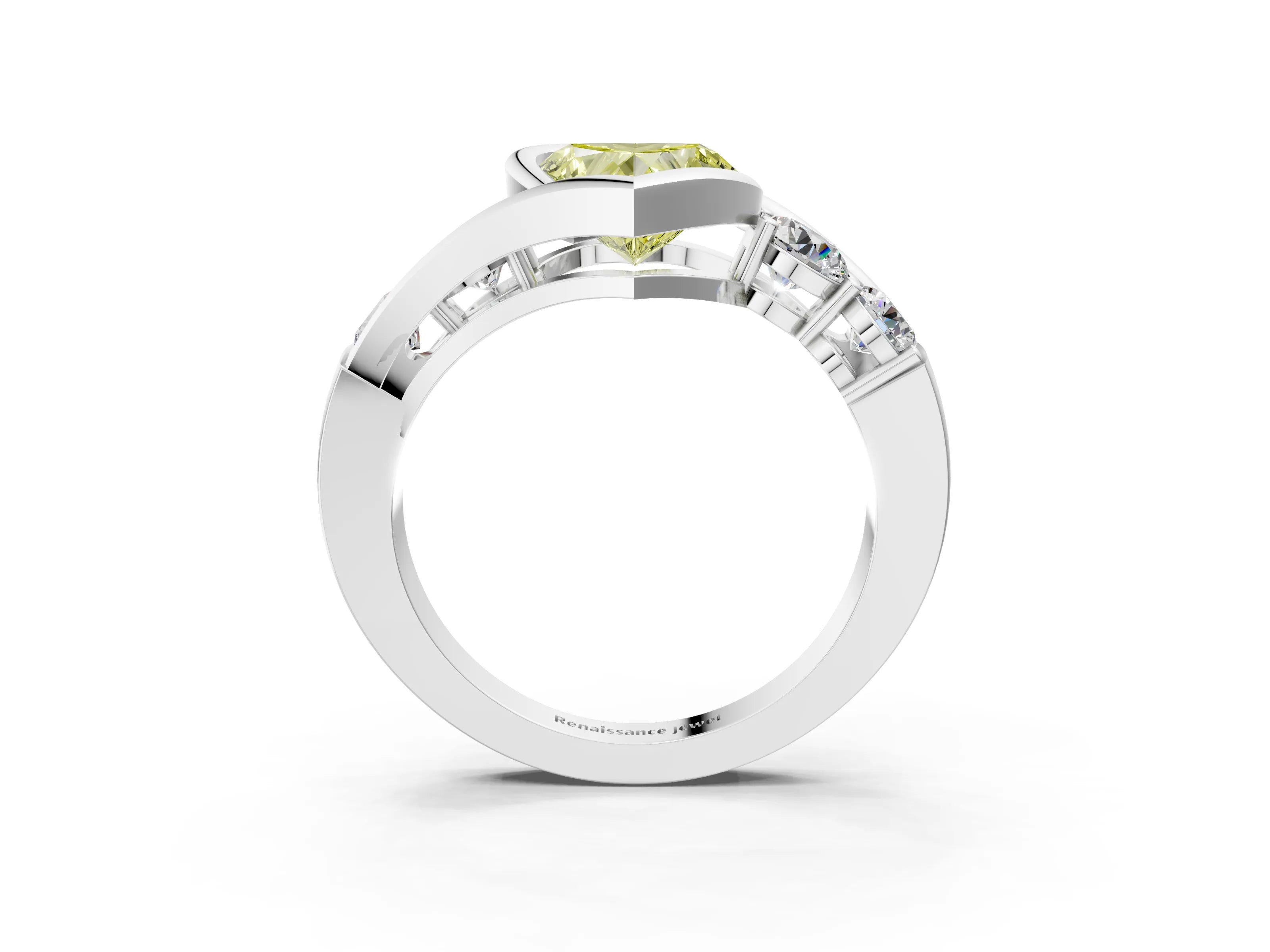 White gold Bezel Set Fancy Yellow Heart Cut Diamond Split Shank Ring_33