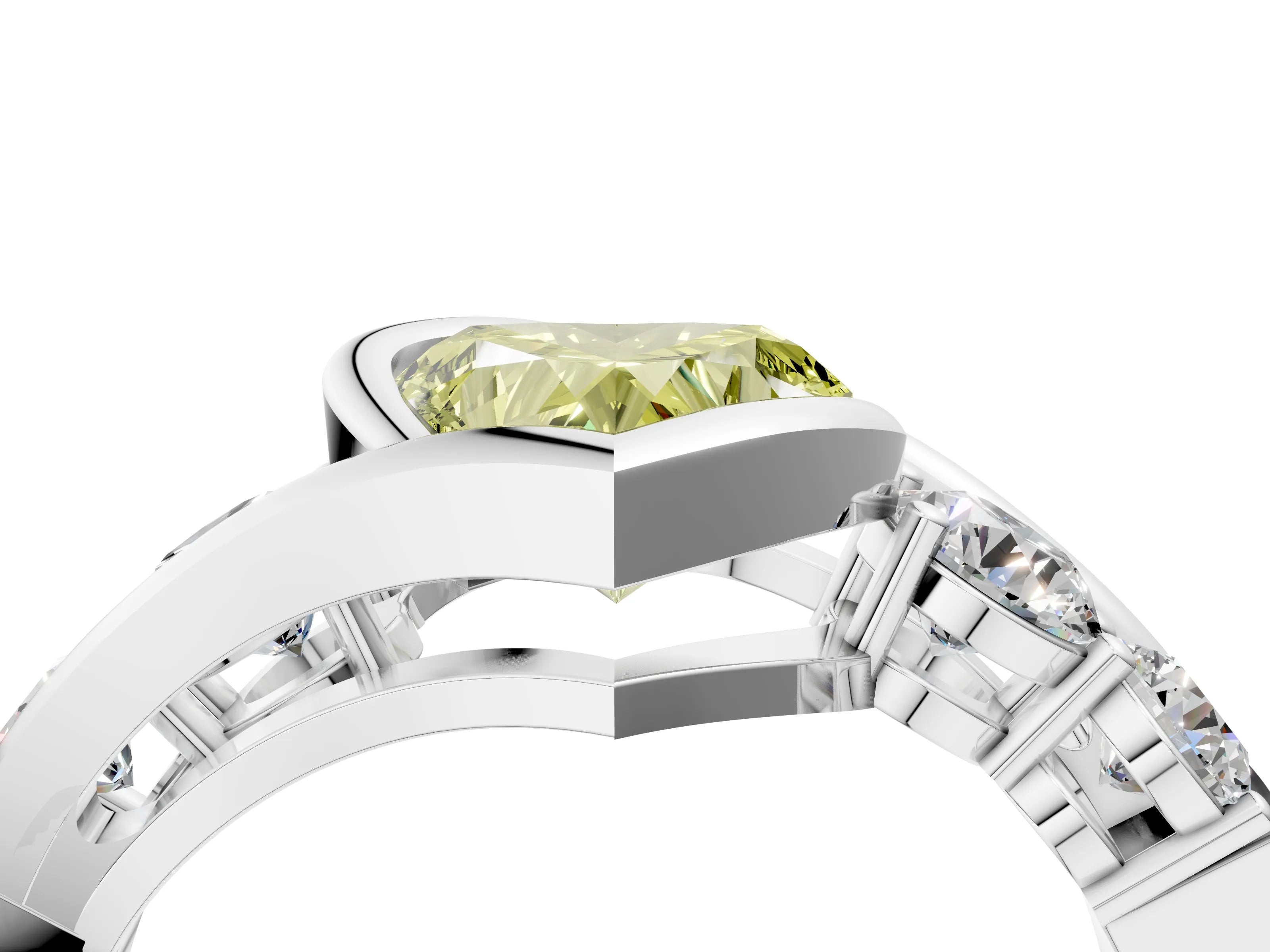 White gold Bezel Set Fancy Yellow Heart Cut Diamond Split Shank Ring_34