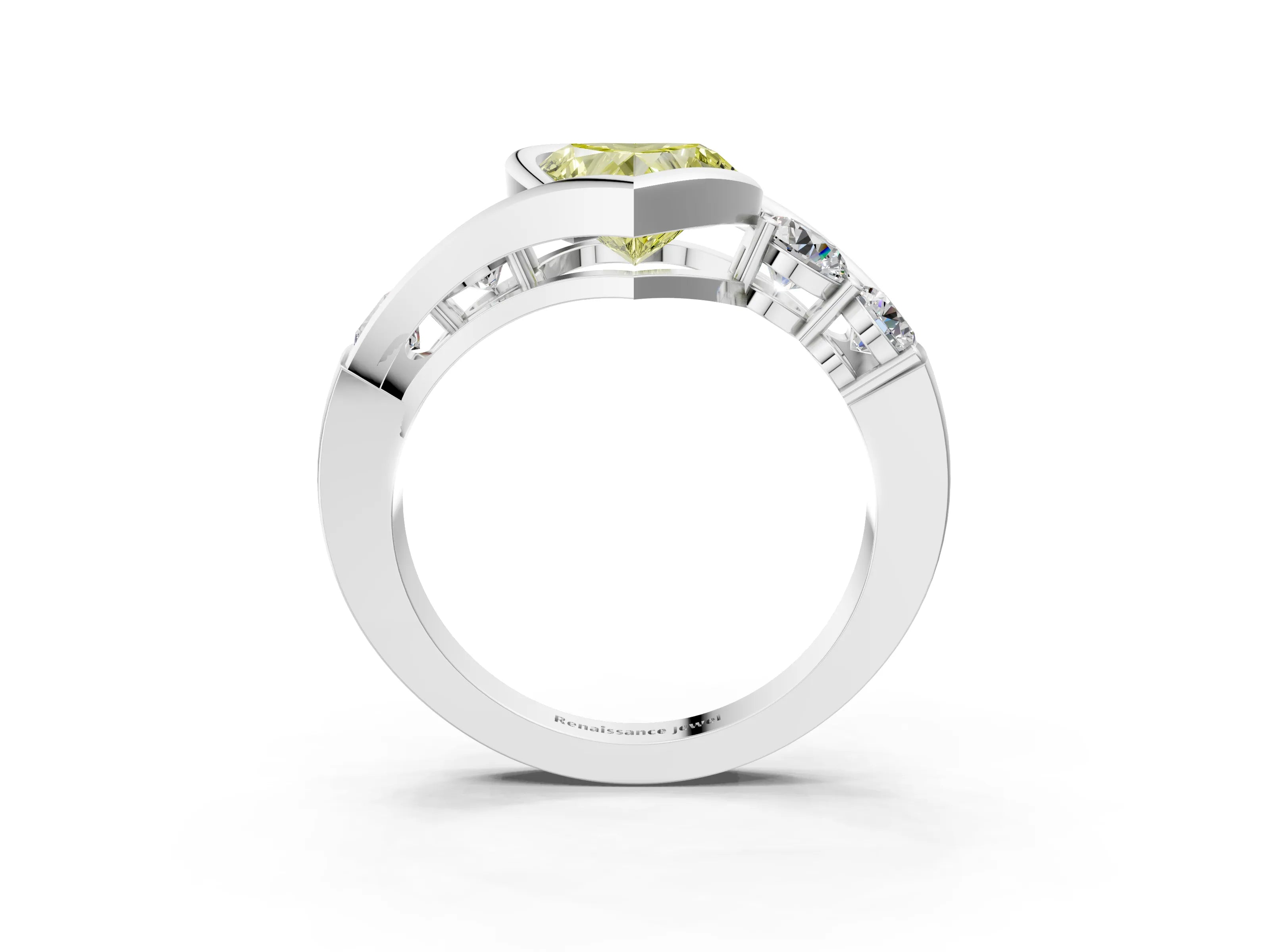 White gold Bezel Set Fancy Yellow Heart Cut Diamond Split Shank Ring_3