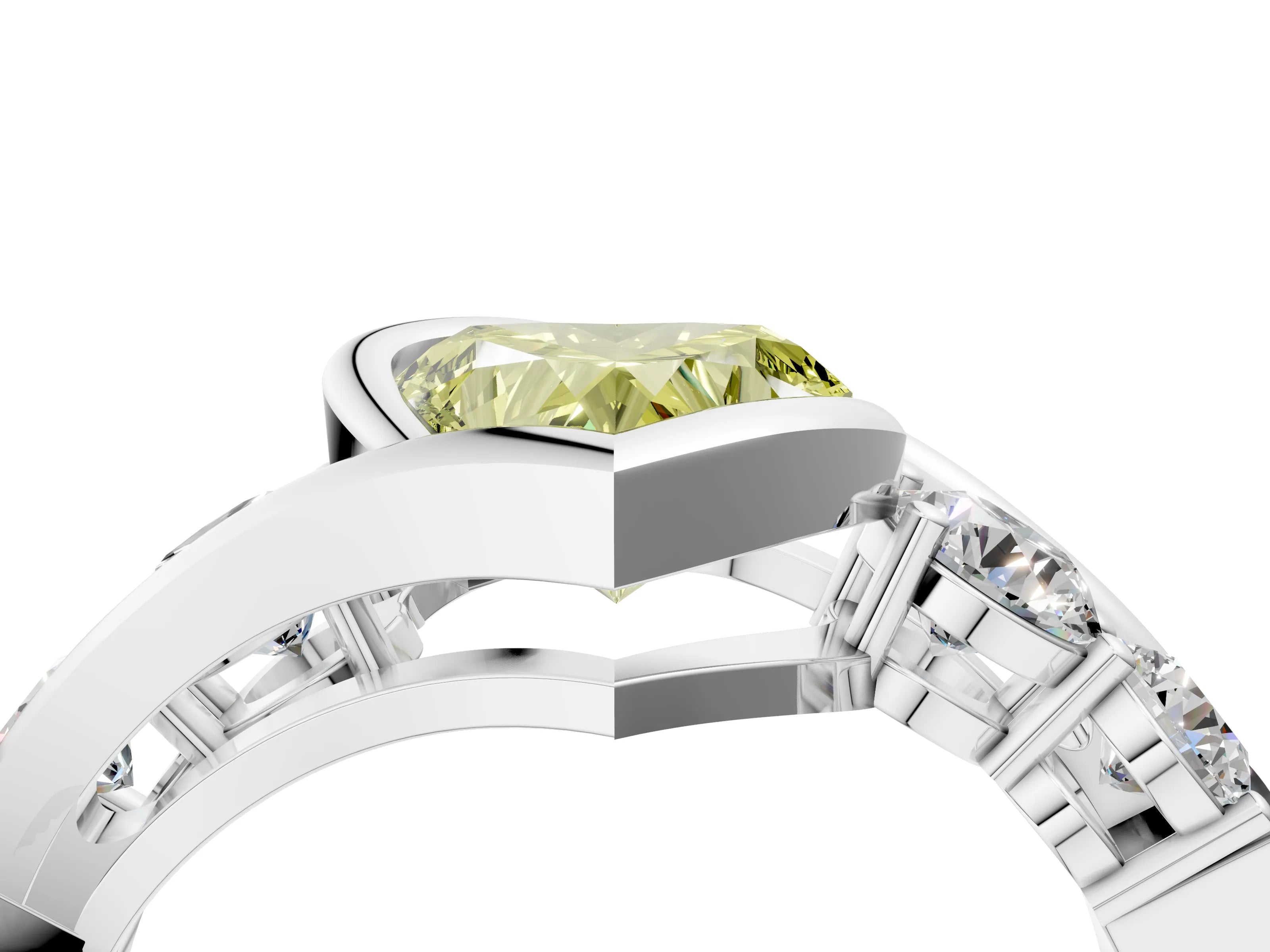 White gold Bezel Set Fancy Yellow Heart Cut Diamond Split Shank Ring_4