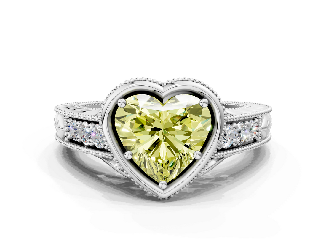 White gold Bezel Set Fancy Yellow Heart  Diamond Milgrain Pave Engagement Ring_28