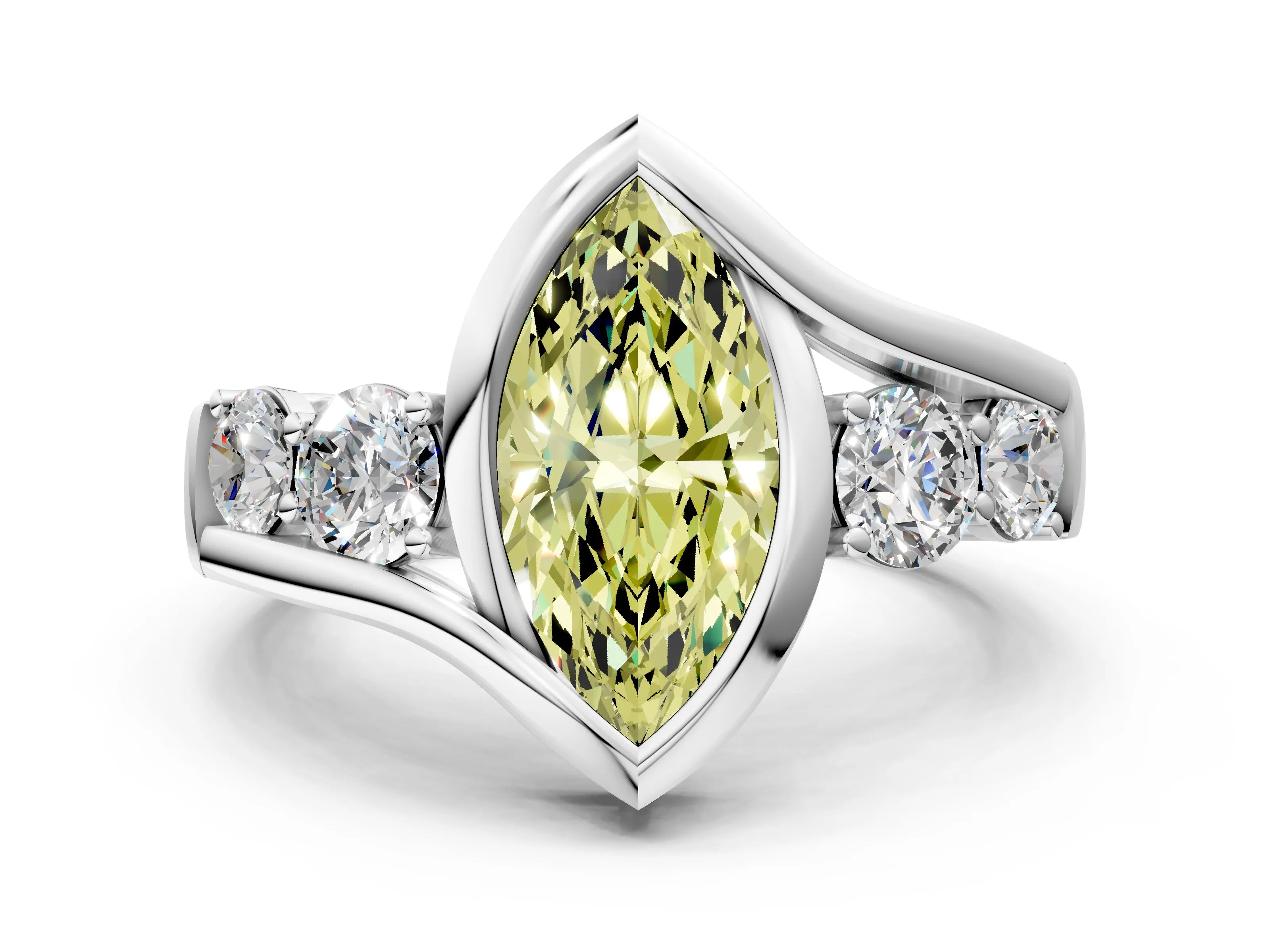 White gold Bezel Set Fancy Yellow Marquise Cut Diamond Split Shank Ring
