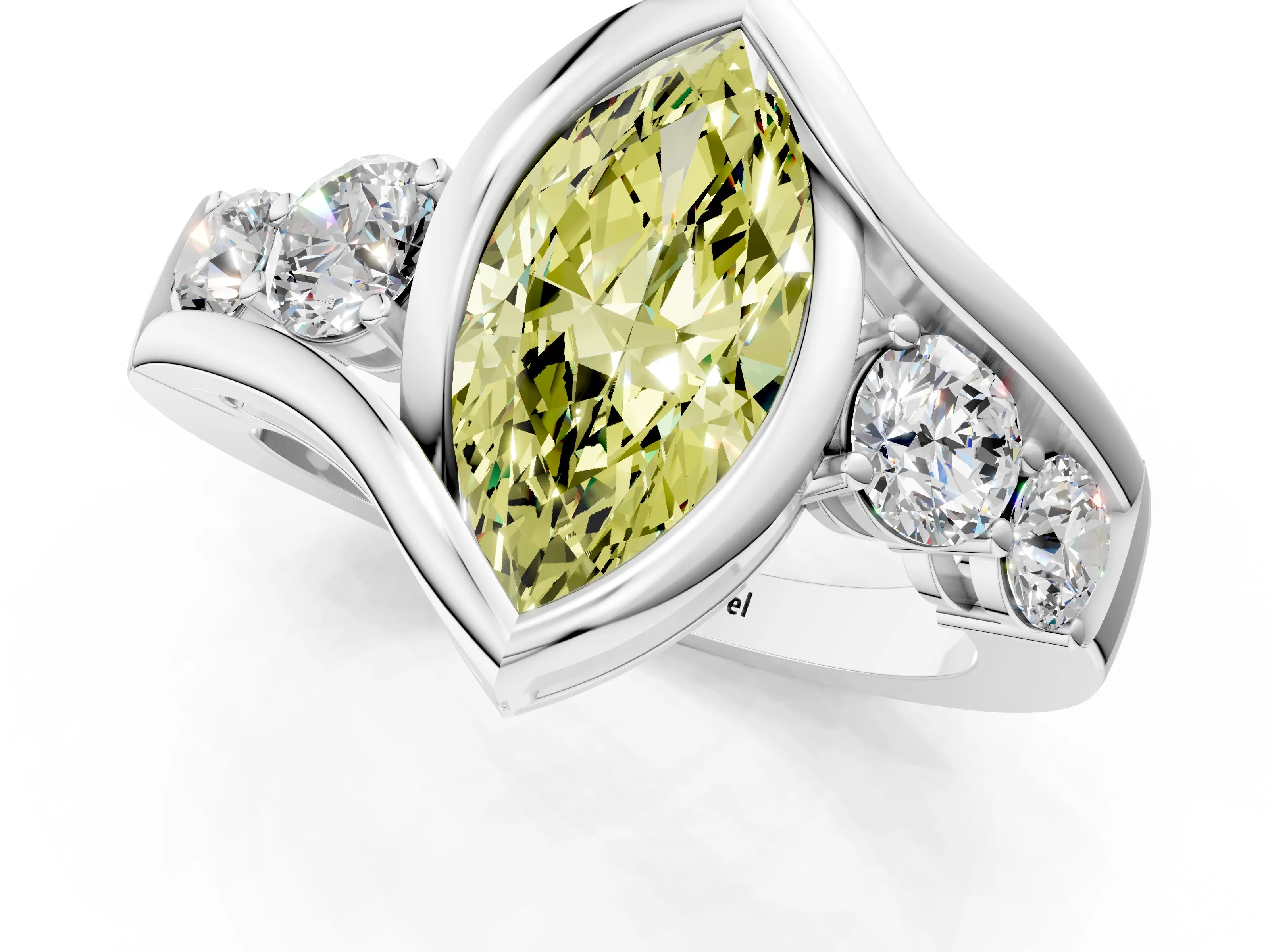 White gold Bezel Set Fancy Yellow Marquise Cut Diamond Split Shank Ring_48