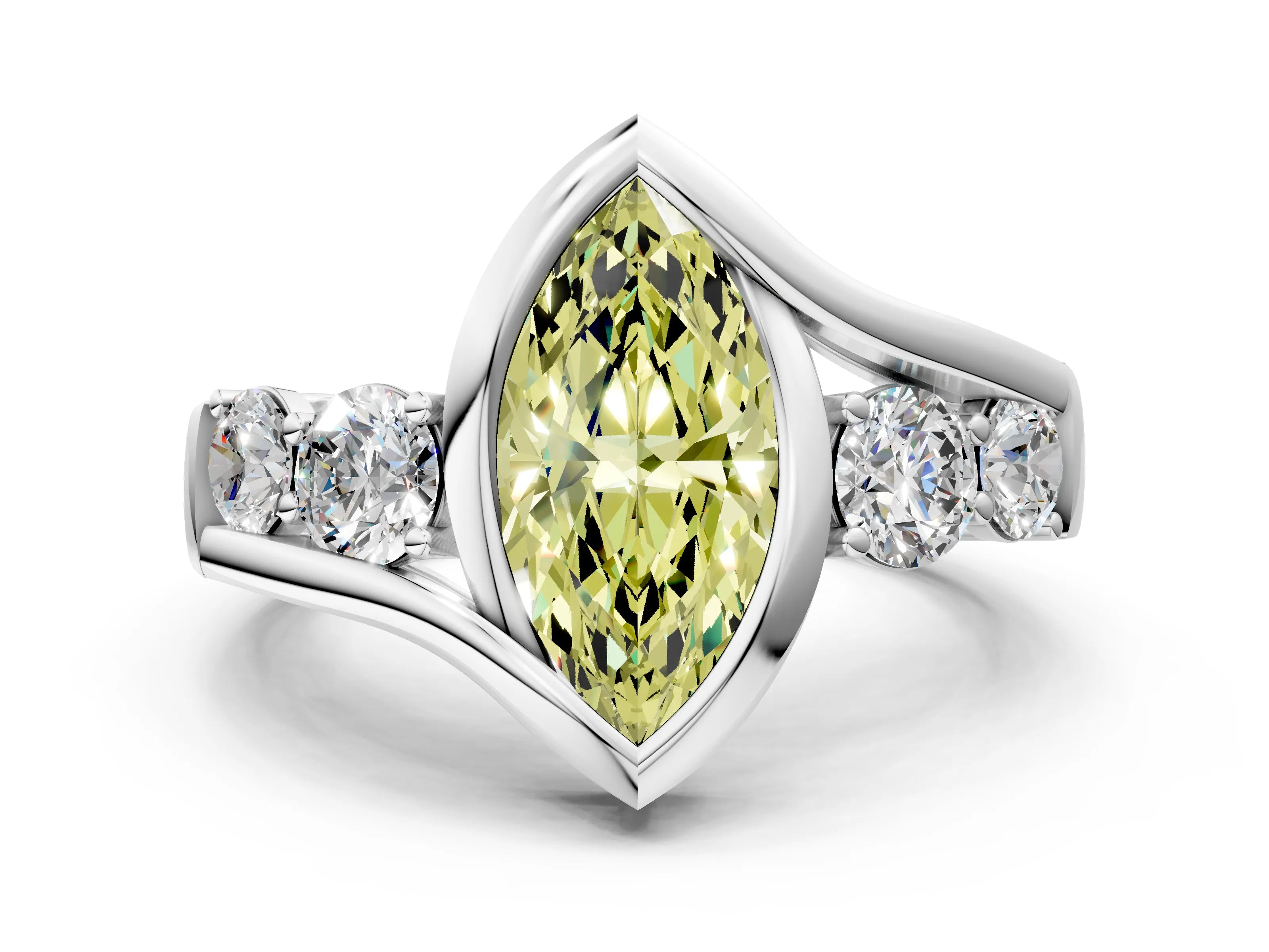 White gold Bezel Set Fancy Yellow Marquise Cut Diamond Split Shank Ring_52