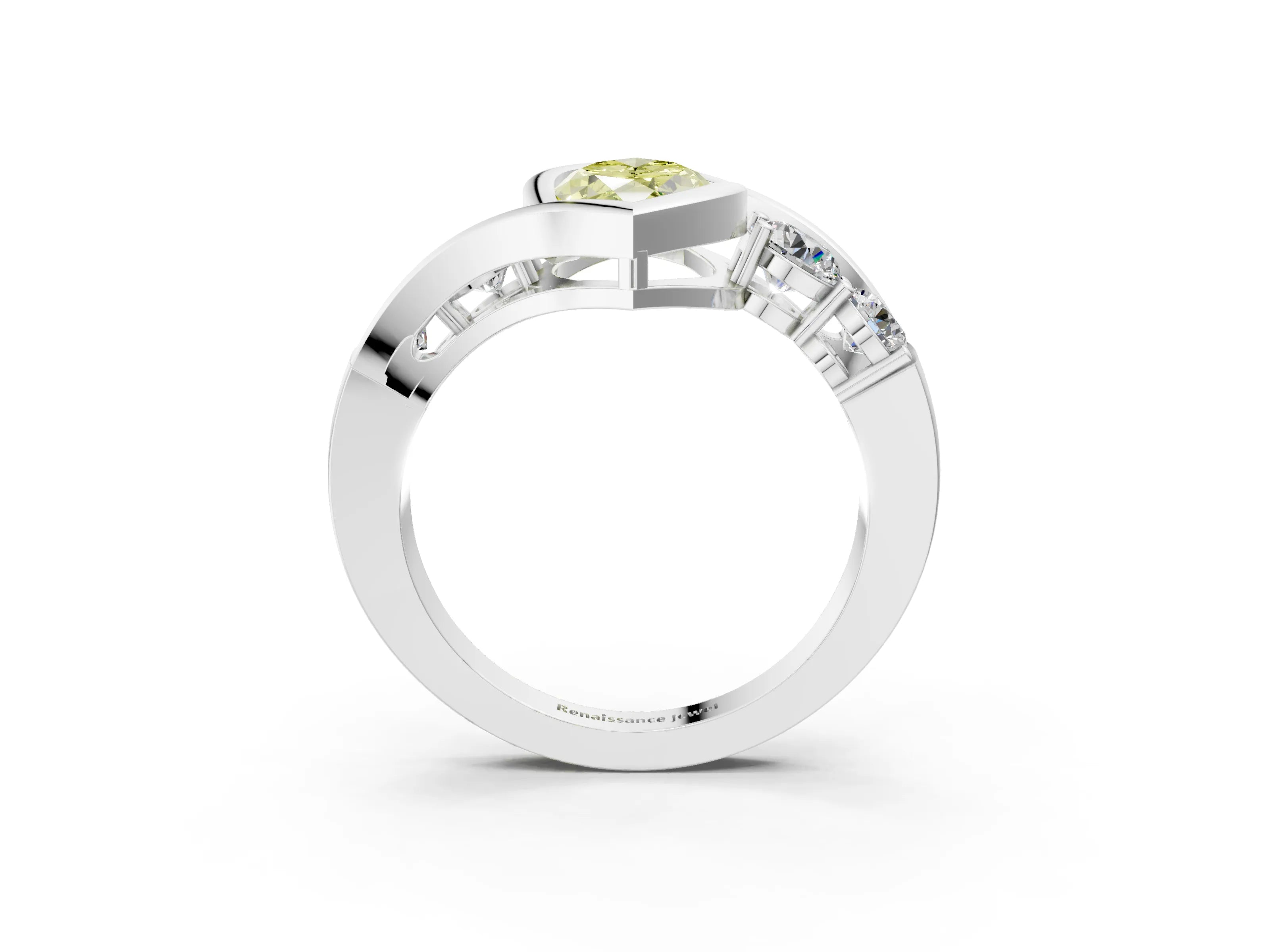 White gold Bezel Set Fancy Yellow Marquise Cut Diamond Split Shank Ring_57