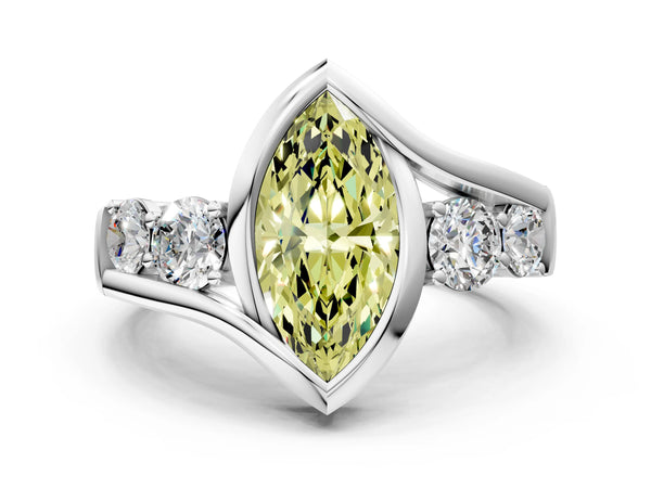 White Gold Marquise Bezel Bypass Engagement Ring Setting for Fancy Yellow Center