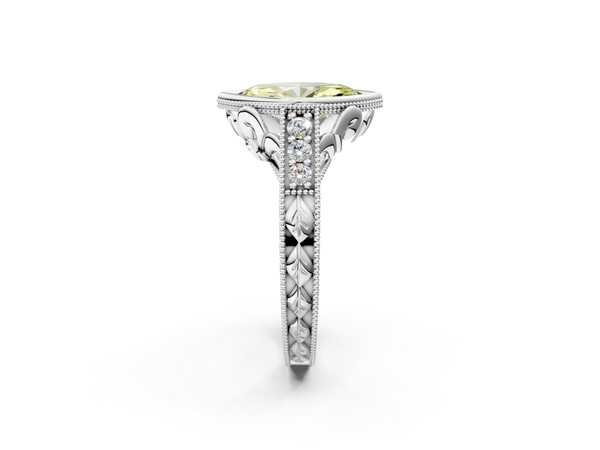 Platinum Bezel Set Fancy Yellow Marquise  Diamond Milgrain Pave Engagement Ring