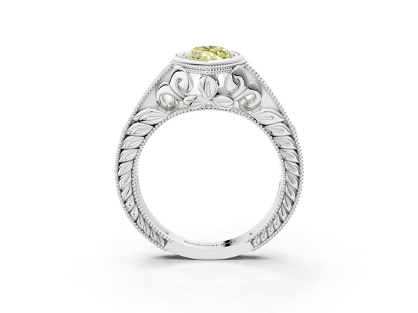 Platinum Bezel Set Fancy Yellow Marquise  Diamond Milgrain Pave Engagement Ring