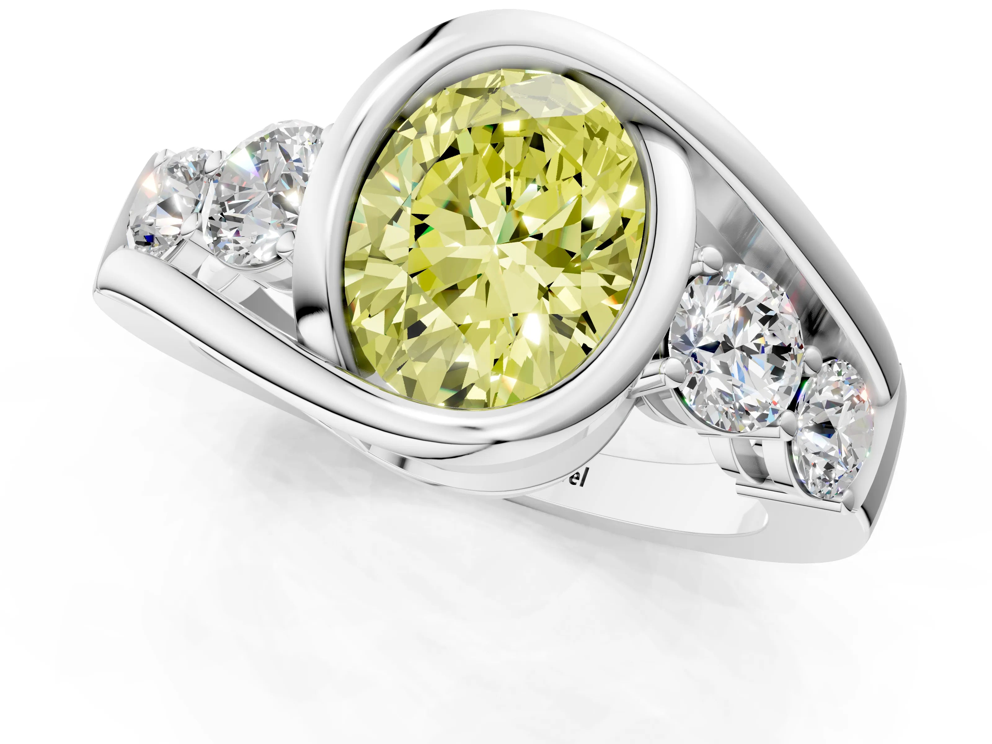 White gold Bezel Set Fancy Yellow Oval Cut Diamond Split Shank Ring_25