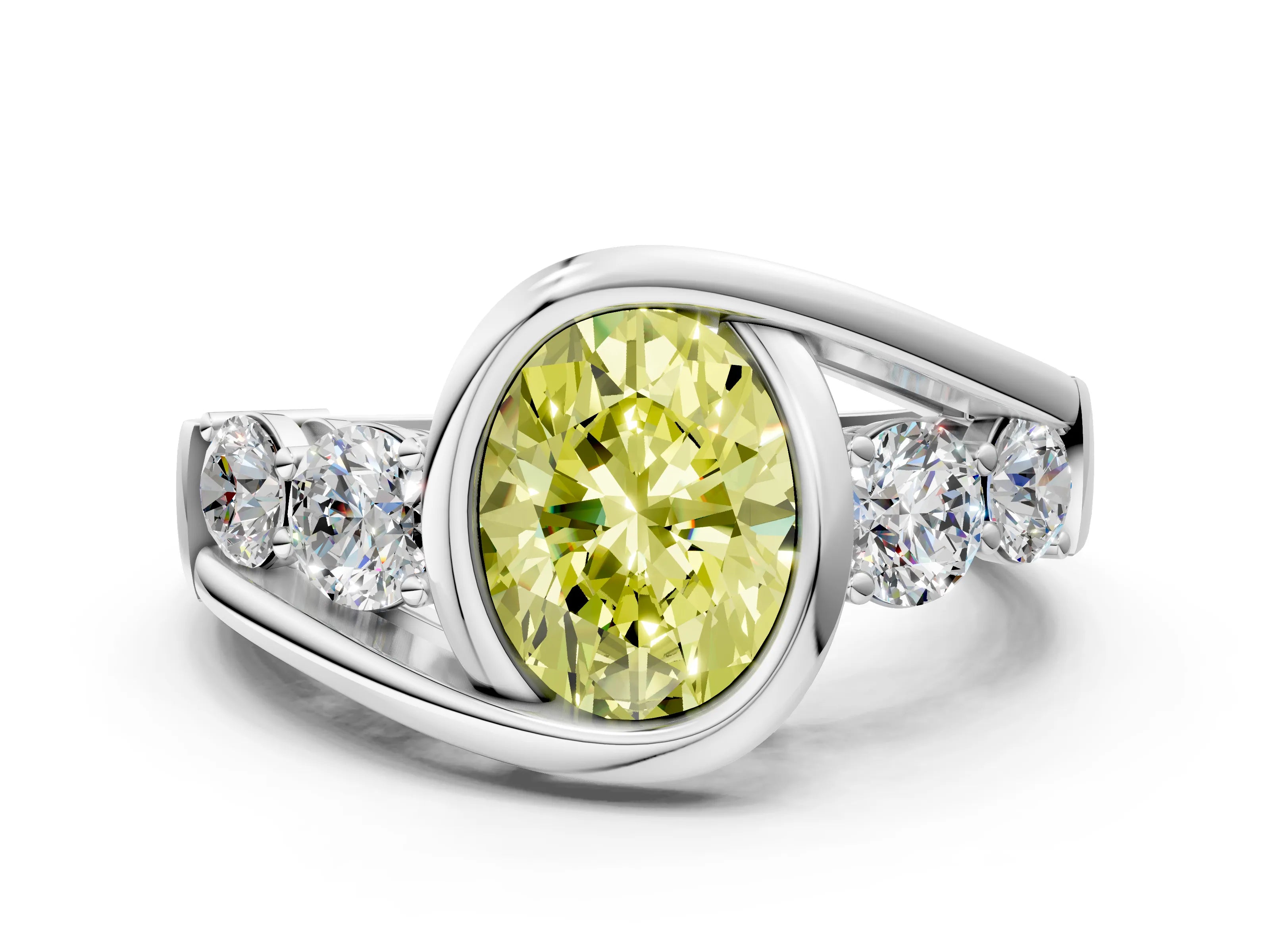 White gold Bezel Set Fancy Yellow Oval Cut Diamond Split Shank Ring