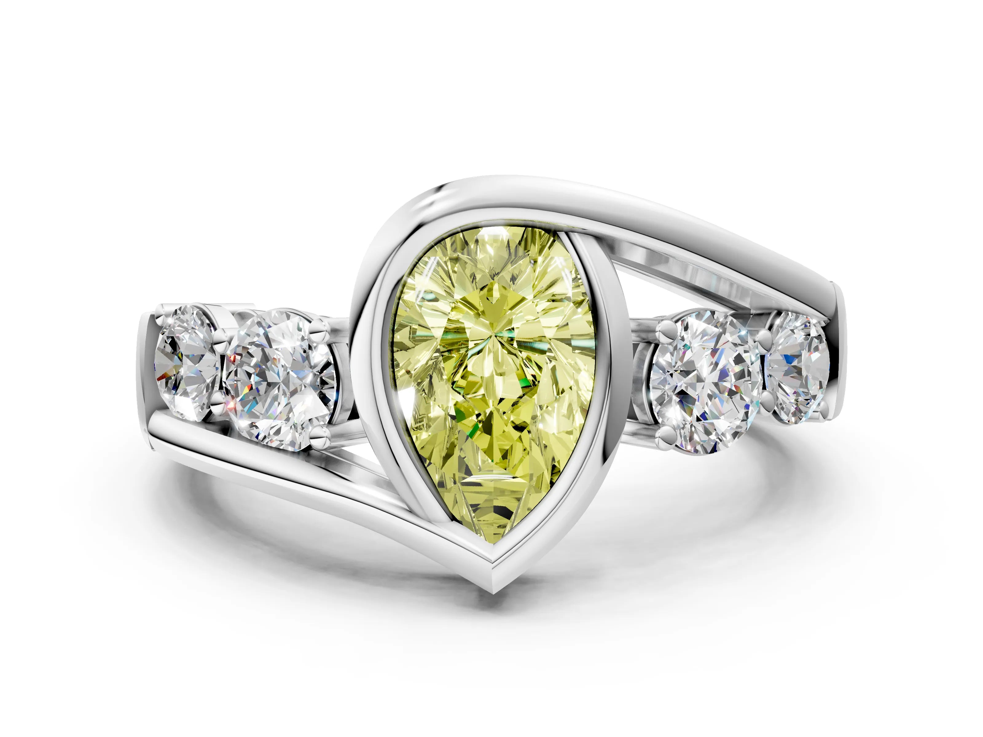 White gold Bezel Set Fancy Yellow Pear Cut Diamond Split Shank Ring