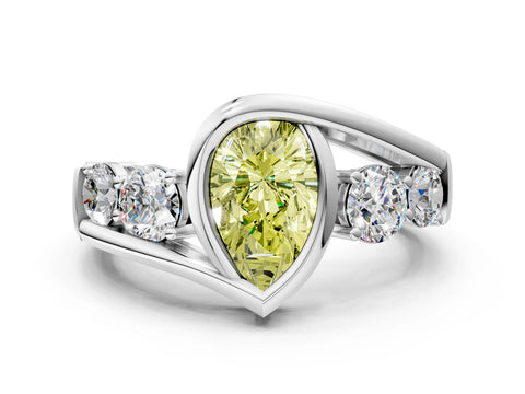 White gold Bezel Set Fancy Yellow Pear Cut Diamond Split Shank Ring