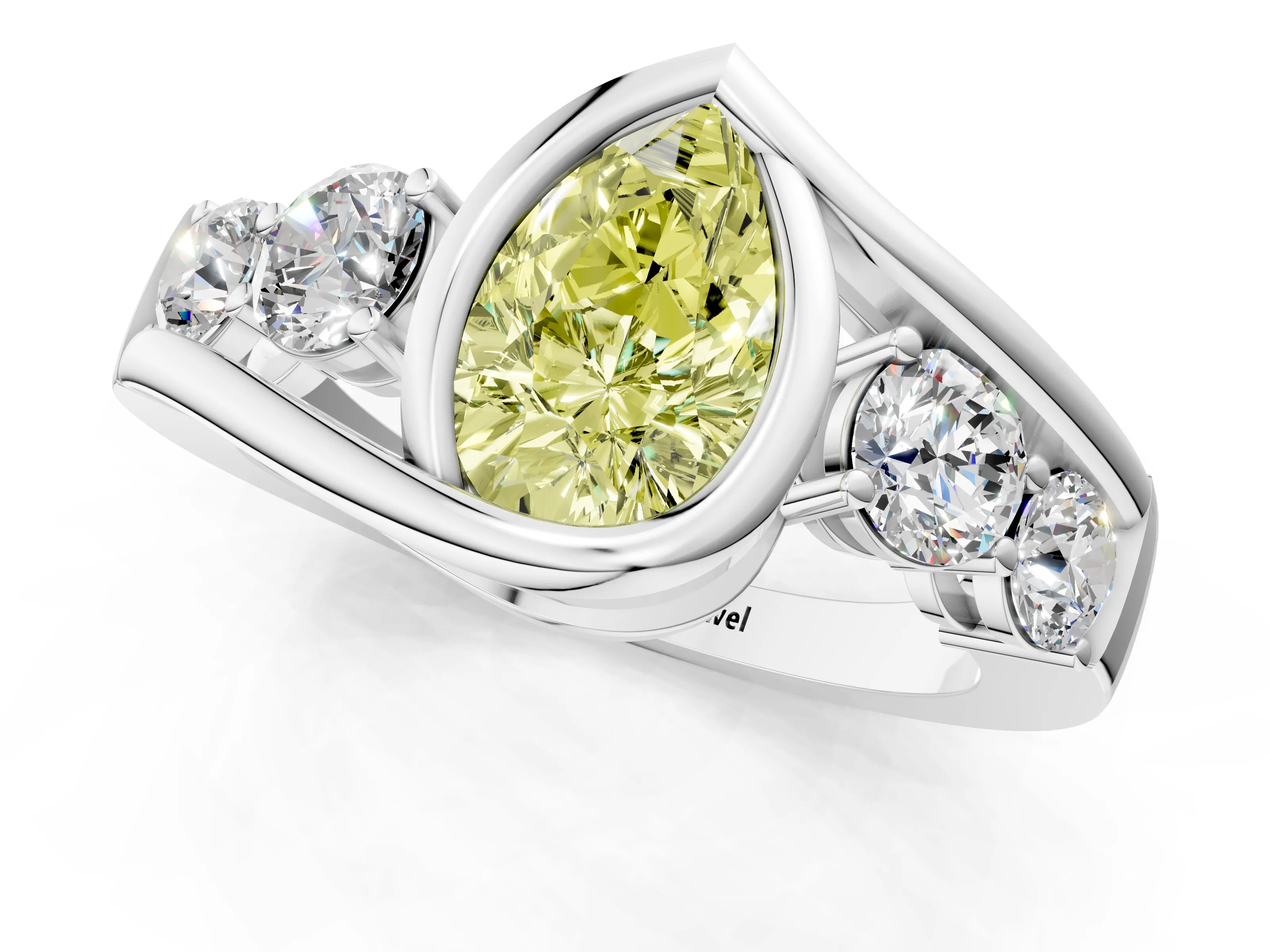 White gold Bezel Set Fancy Yellow Pear Cut Diamond Split Shank Ring_1