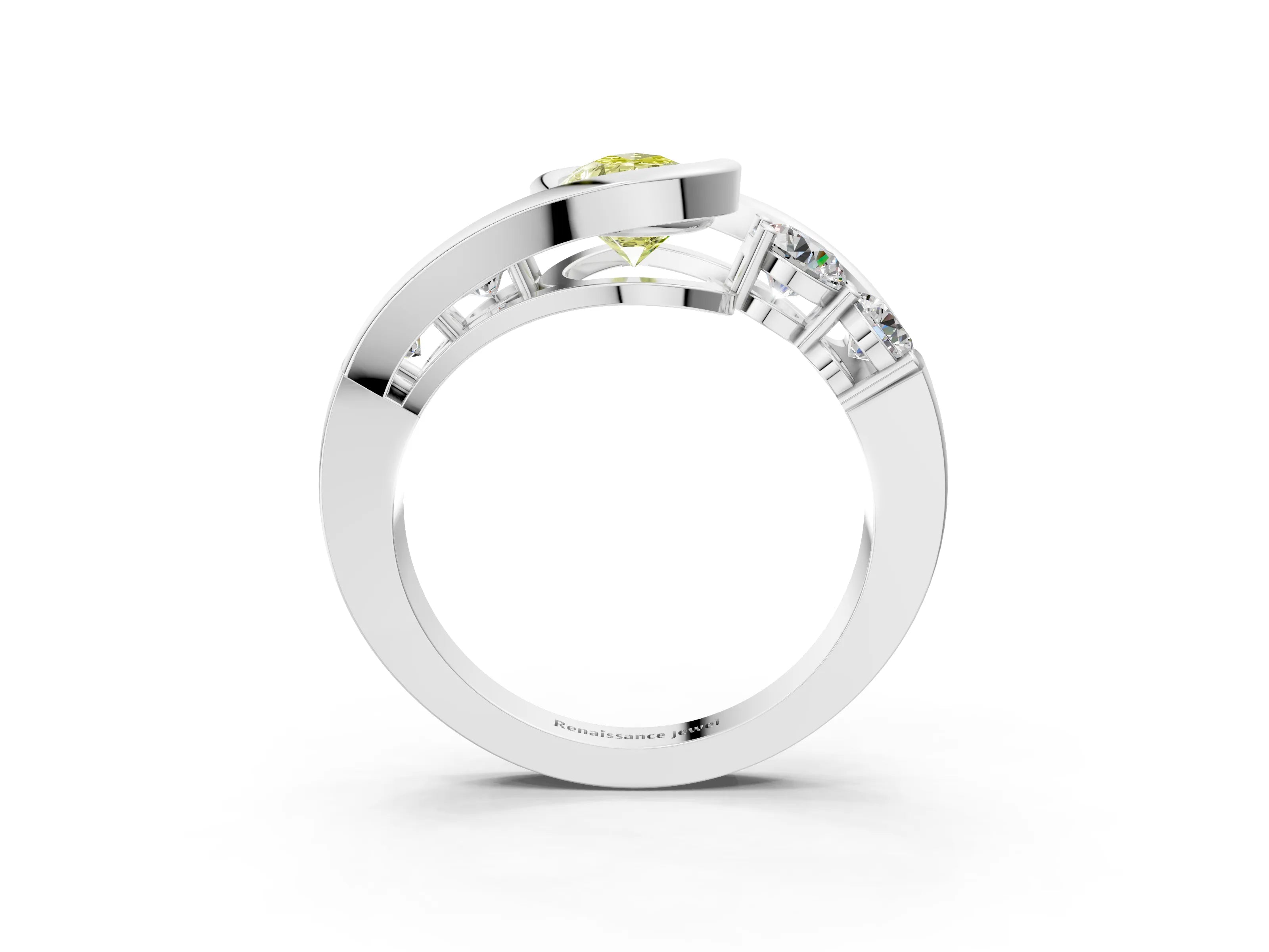 White gold Bezel Set Fancy Yellow Pear Cut Diamond Split Shank Ring_3