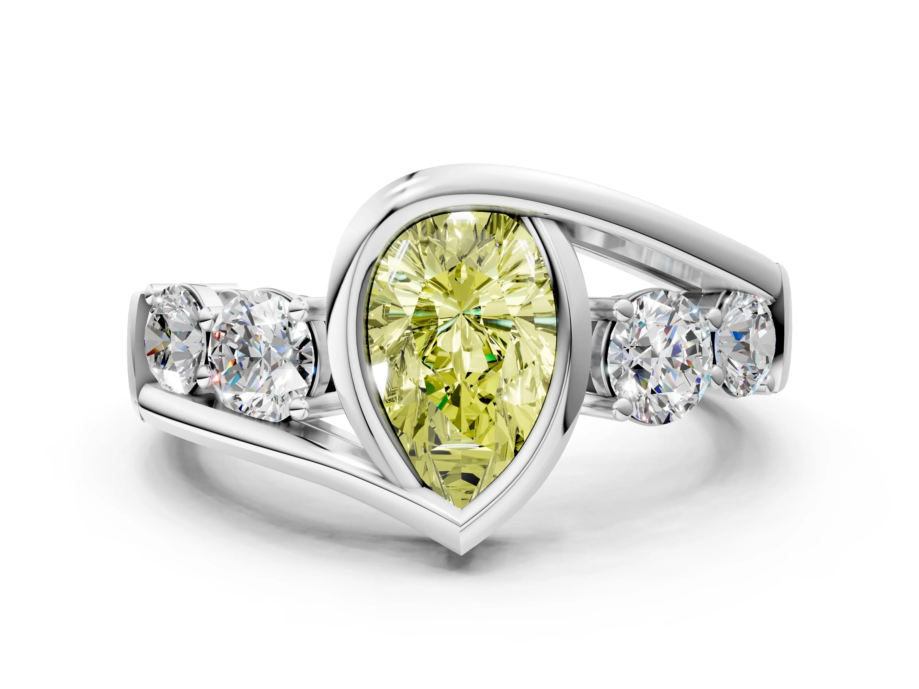 White gold Bezel Set Fancy Yellow Pear Cut Diamond Split Shank Ring_46
