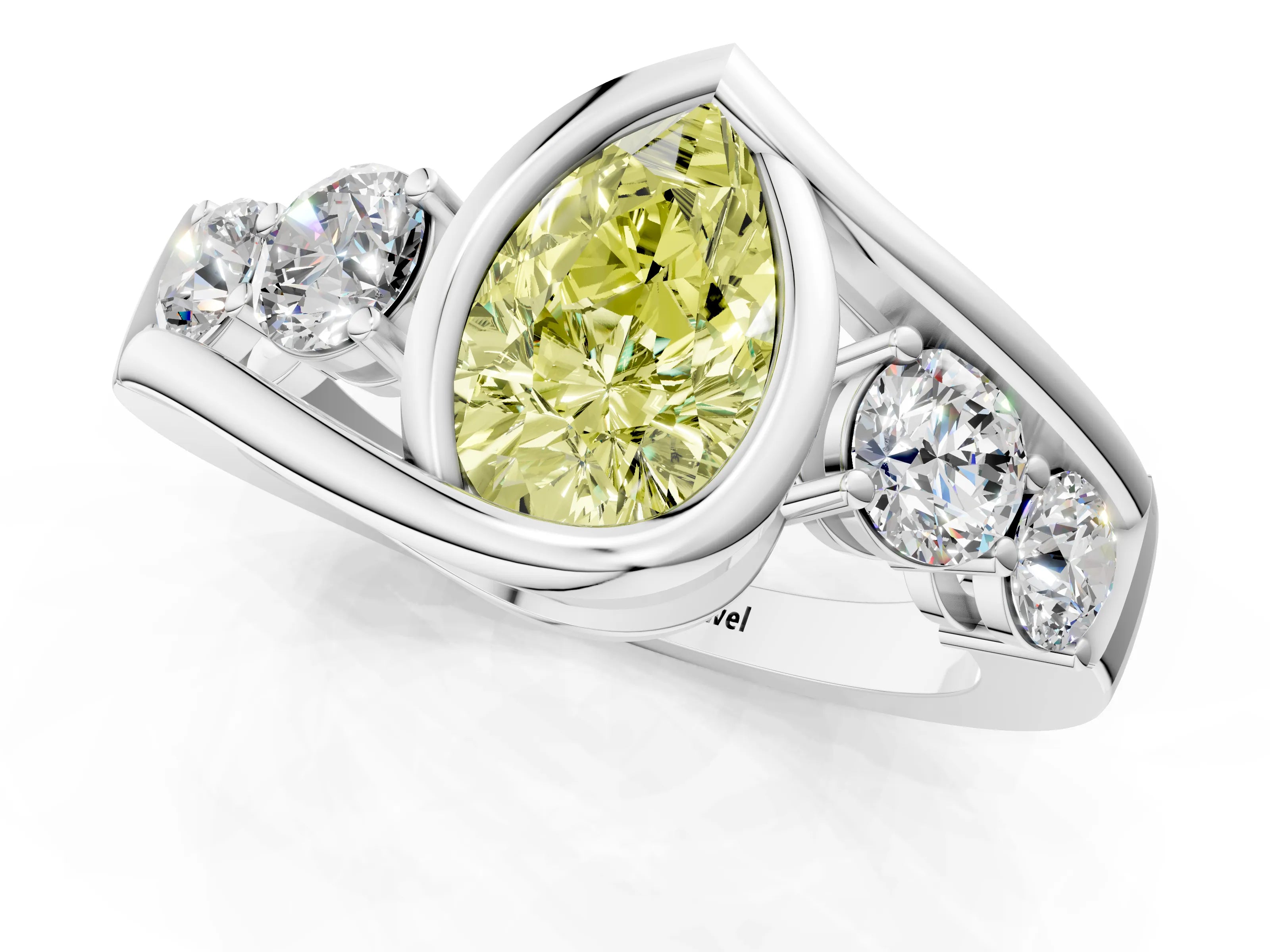 White gold Bezel Set Fancy Yellow Pear Cut Diamond Split Shank Ring_47