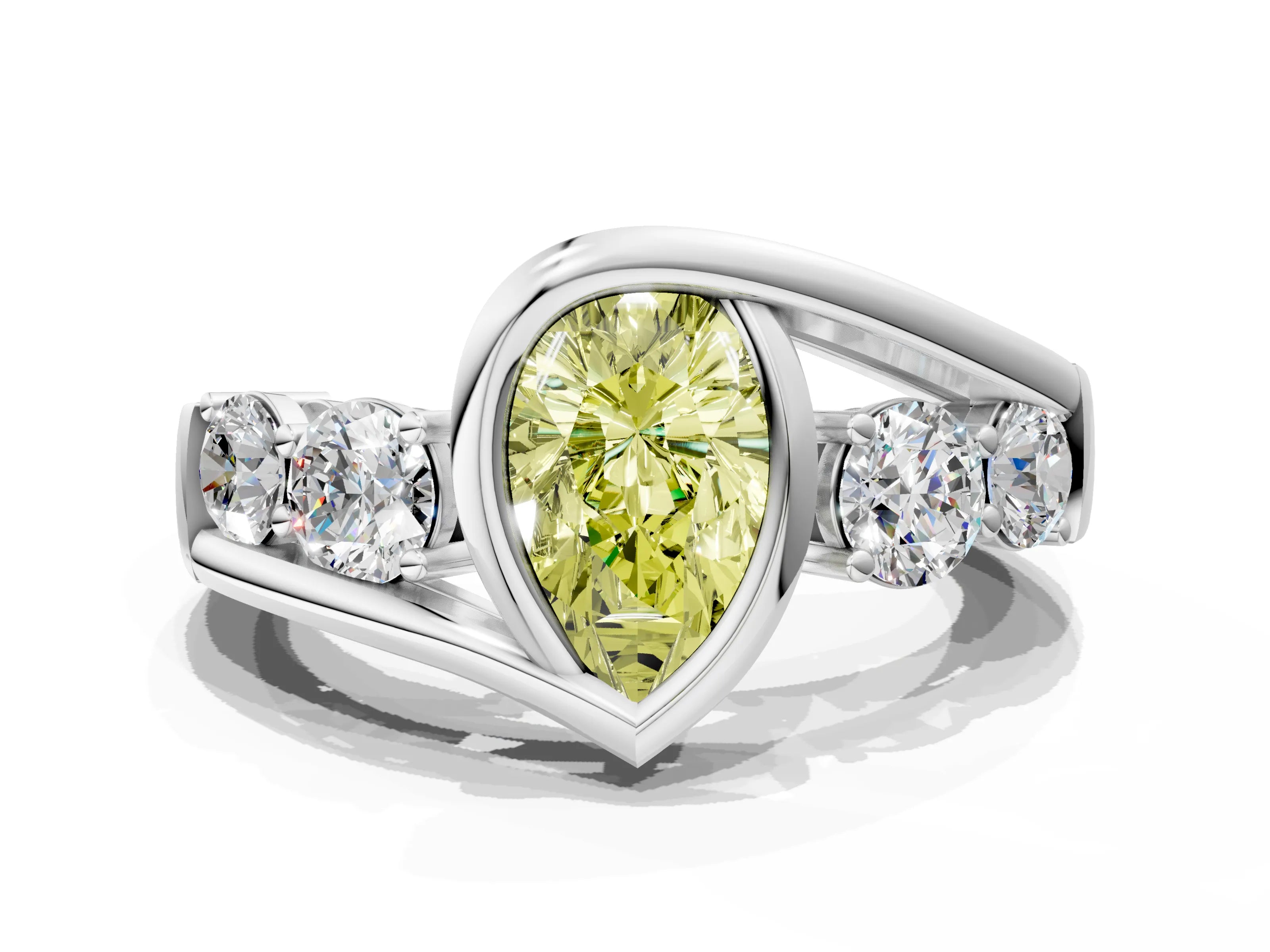 White gold Bezel Set Fancy Yellow Pear Cut Diamond Split Shank Ring_48