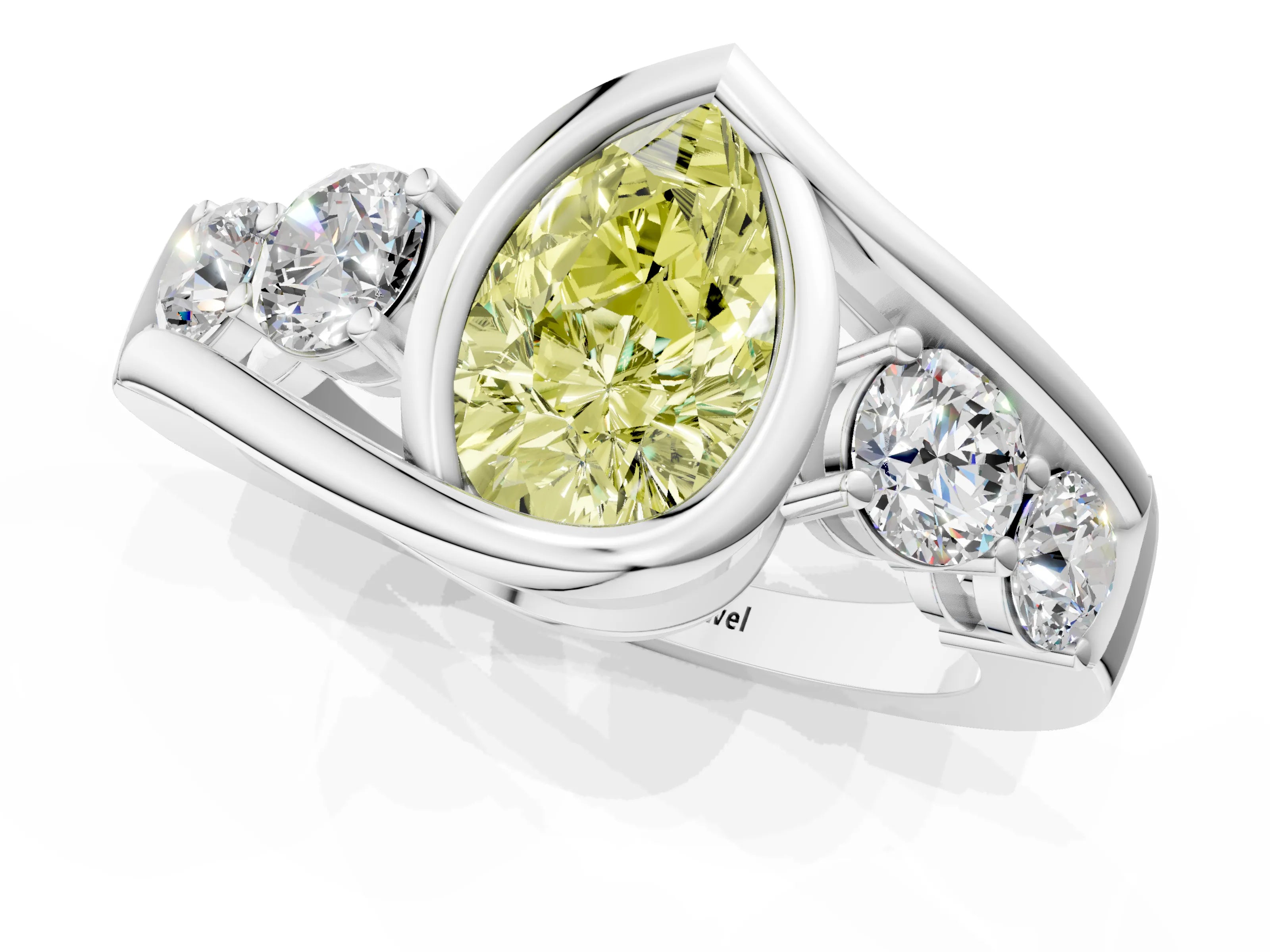 White gold Bezel Set Fancy Yellow Pear Cut Diamond Split Shank Ring_49