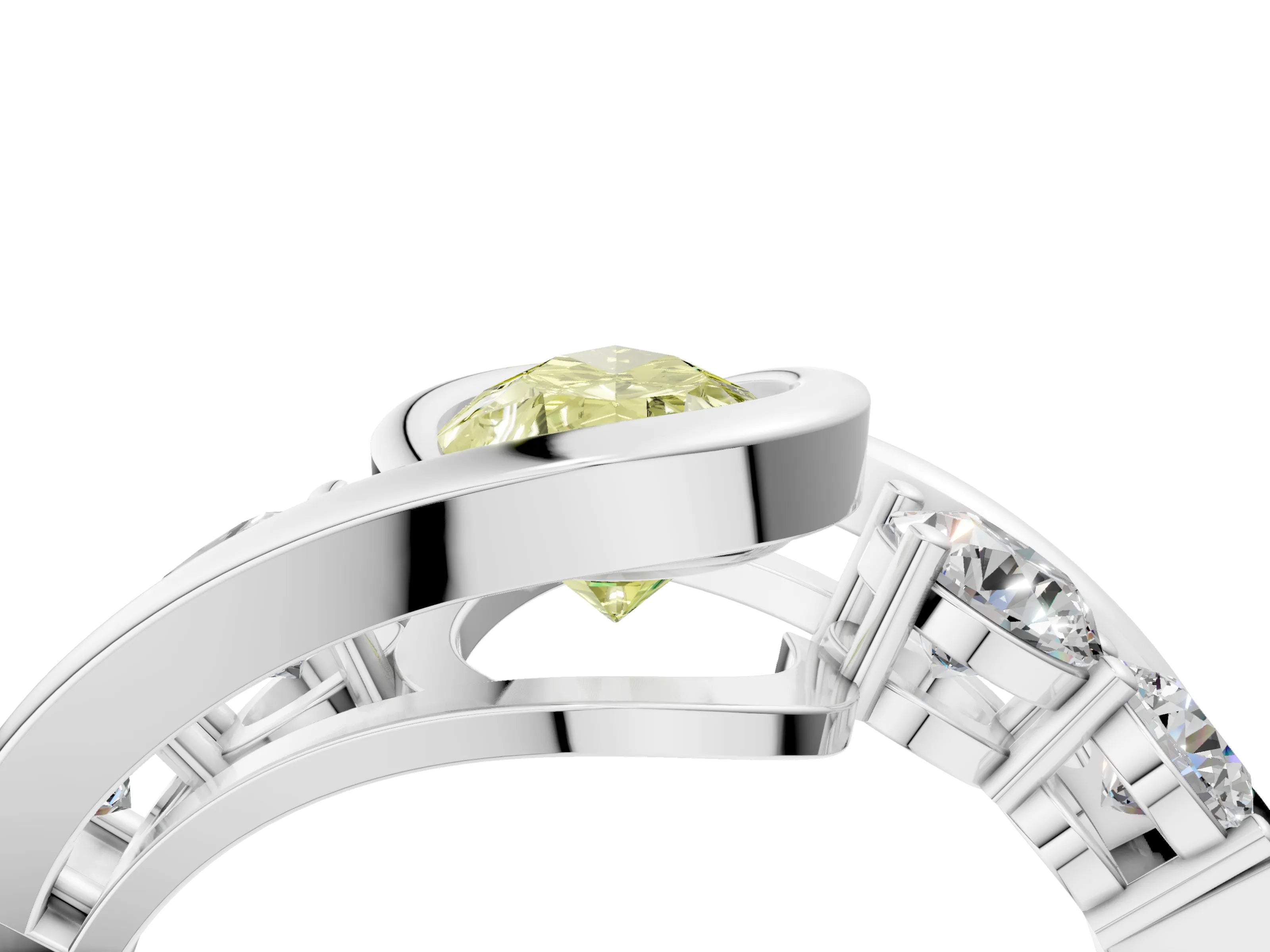 White gold Bezel Set Fancy Yellow Pear Cut Diamond Split Shank Ring_4