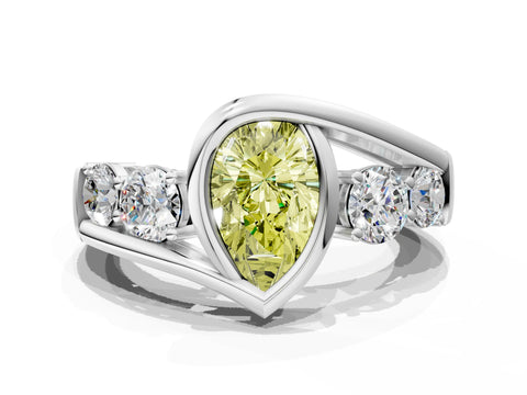 White gold Bezel Set Fancy Yellow Pear Cut Diamond Split Shank Ring_61