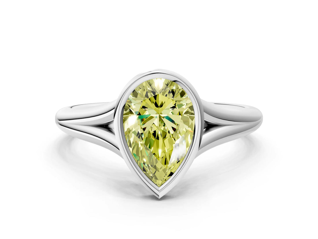 White gold Bezel Set Fancy Yellow Pear  Cut Solitaire Ring with Tapered Band