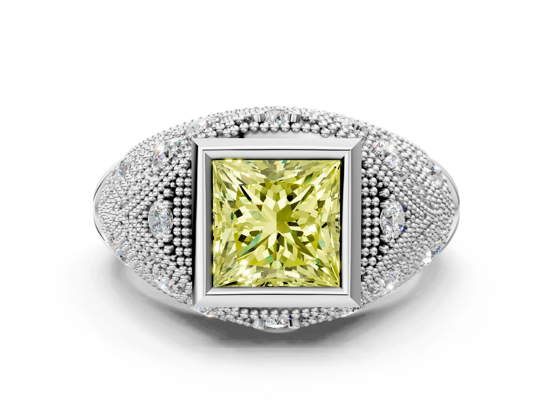 White gold Bezel Set Fancy Yellow Princess Cut Diamond Milgrain Band Ring