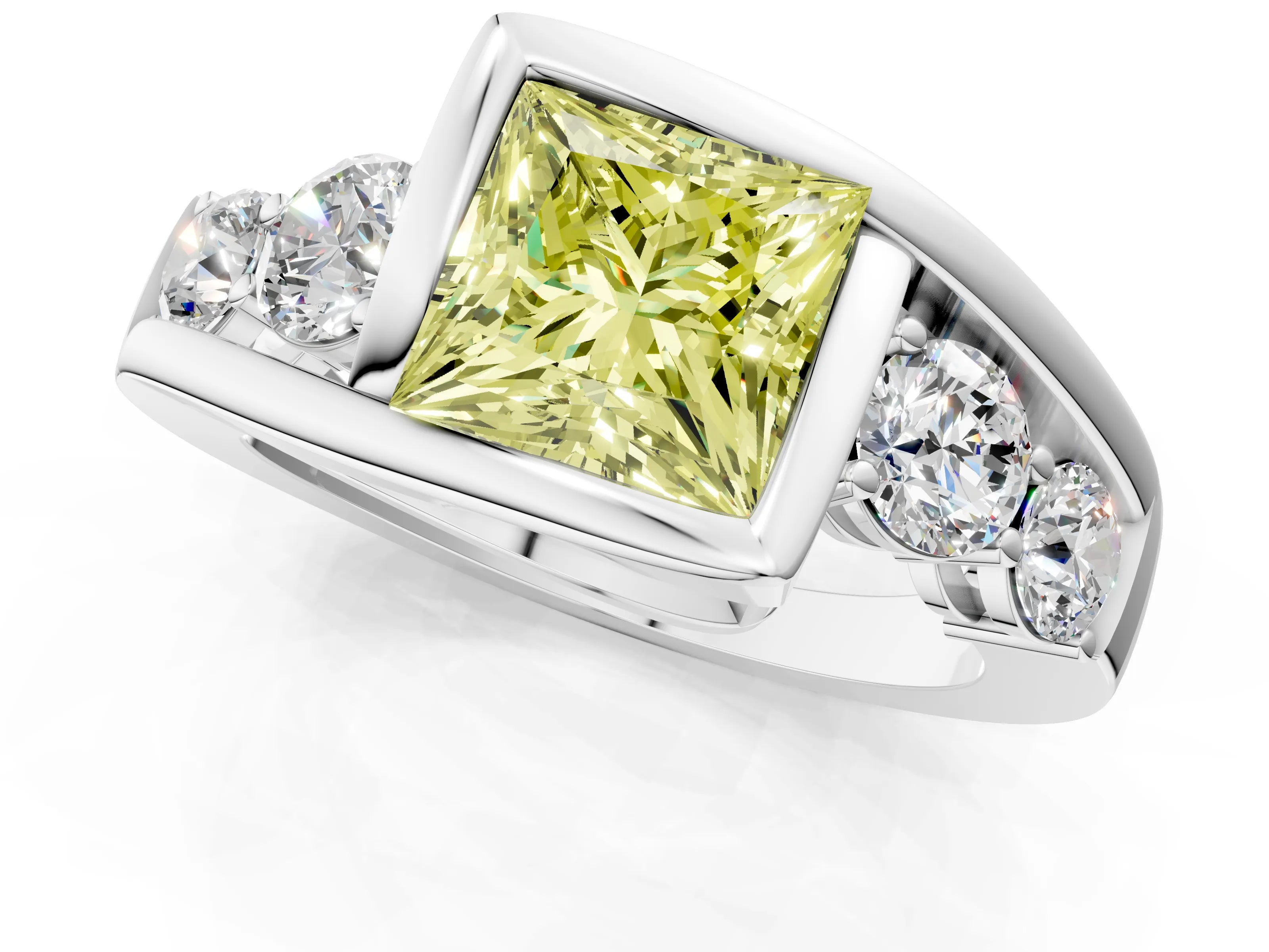 White gold Bezel Set Fancy Yellow Princess Cut Diamond Split Shank Ring_1