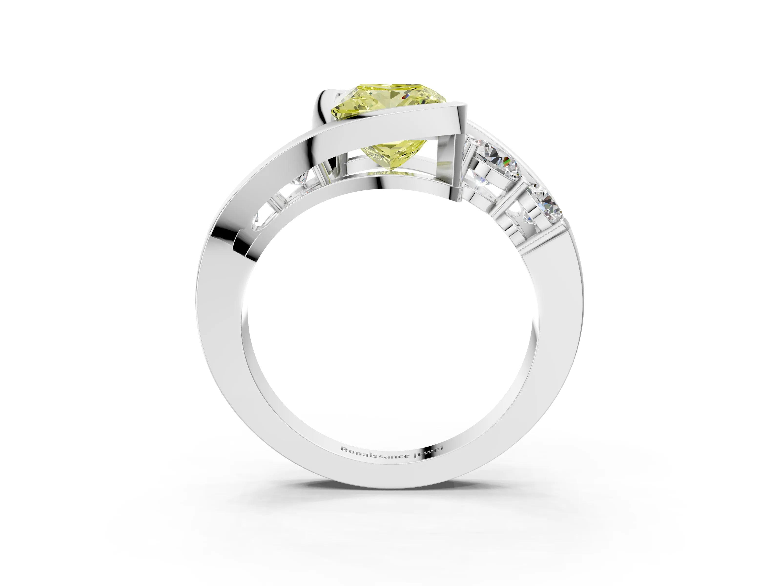 White gold Bezel Set Fancy Yellow Princess Cut Diamond Split Shank Ring_3