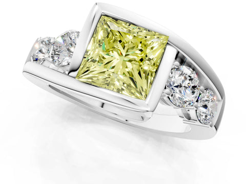 White gold Bezel Set Fancy Yellow Princess Cut Diamond Split Shank Ring_49