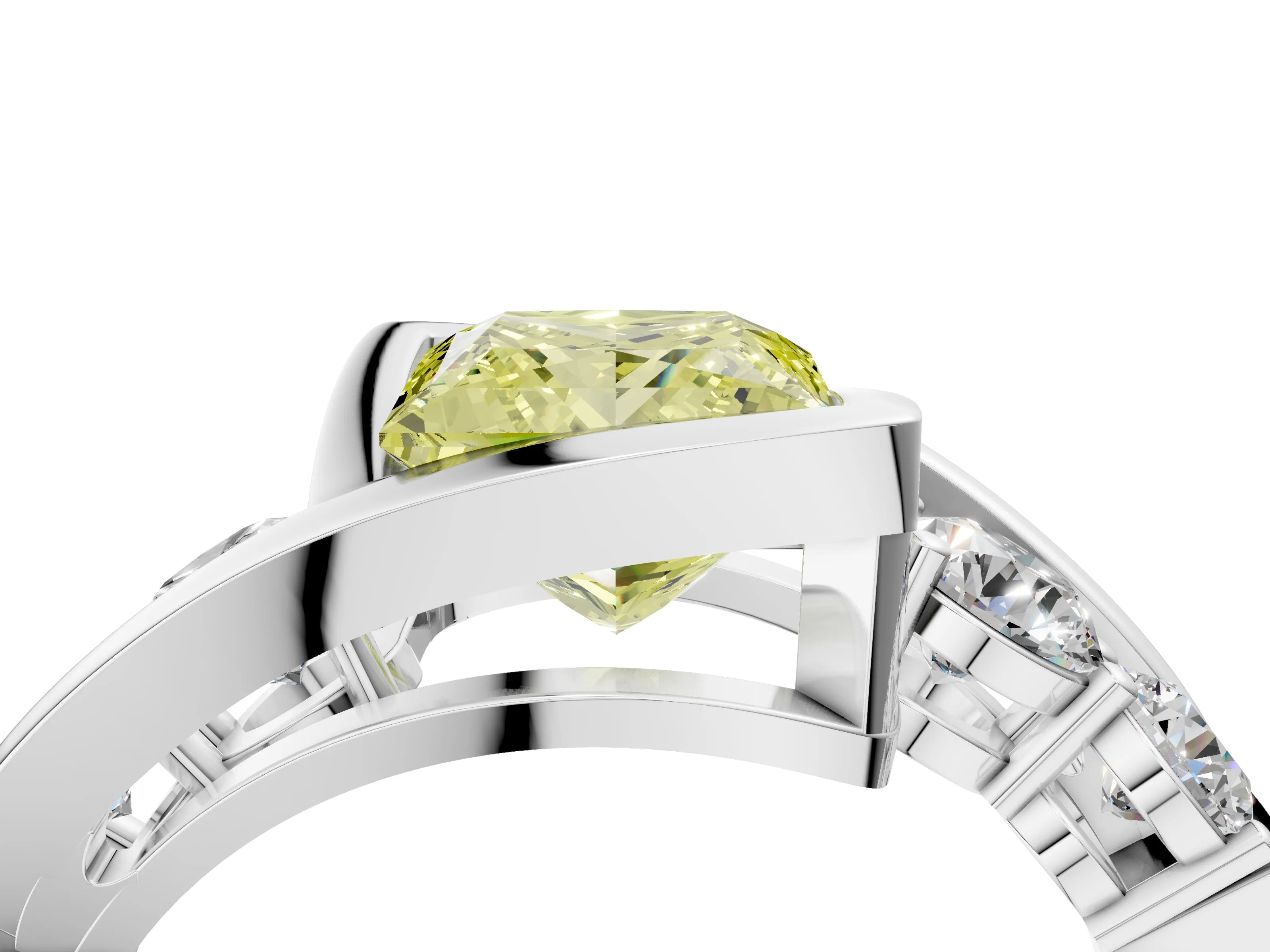 White gold Bezel Set Fancy Yellow Princess Cut Diamond Split Shank Ring_4