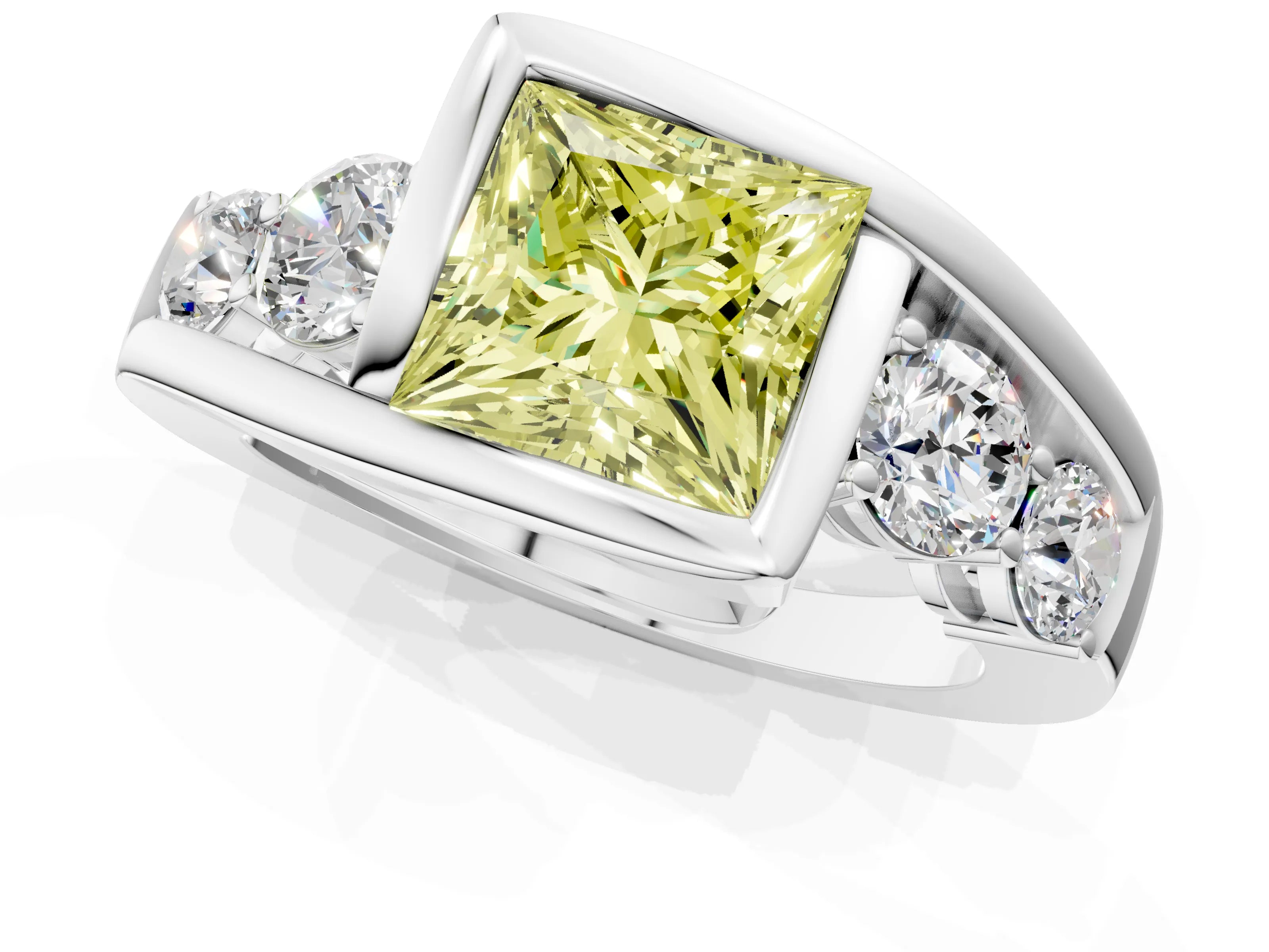 White gold Bezel Set Fancy Yellow Princess Cut Diamond Split Shank Ring_50