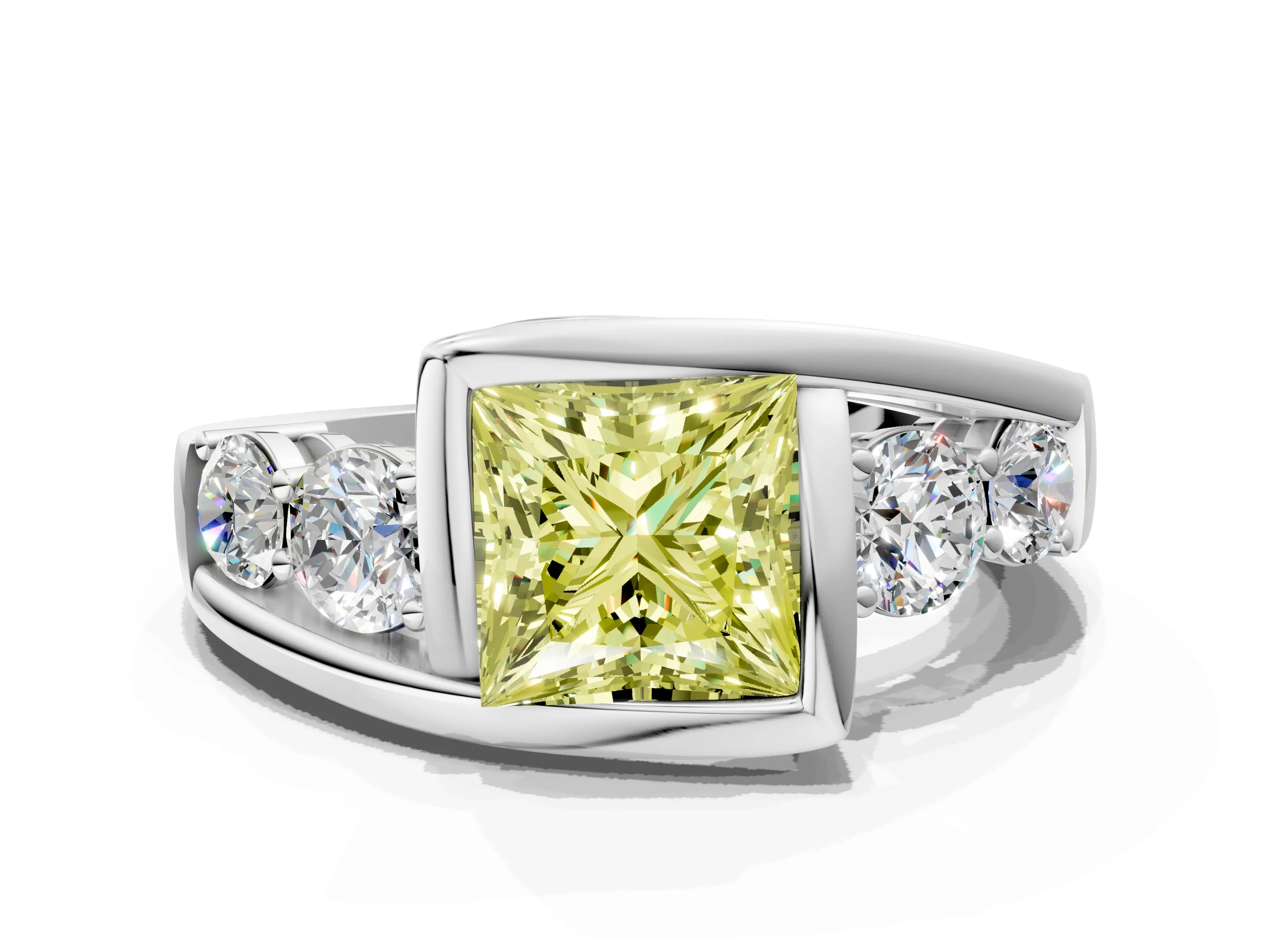 White gold Bezel Set Fancy Yellow Princess Cut Diamond Split Shank Ring_60