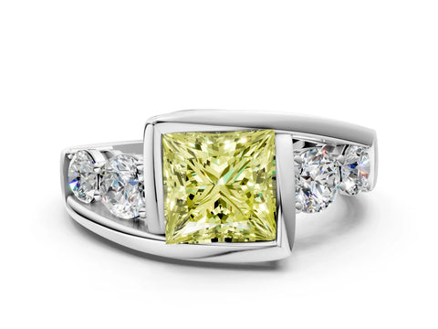 White gold Bezel Set Fancy Yellow Princess Cut Diamond Split Shank Ring