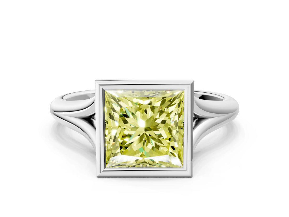 White gold Bezel Set Fancy Yellow Princess  Cut Solitaire Ring with Tapered Band 1