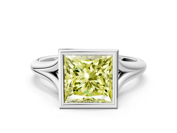 White gold Bezel Set Fancy Yellow Princess  Cut Solitaire Ring with Tapered Band