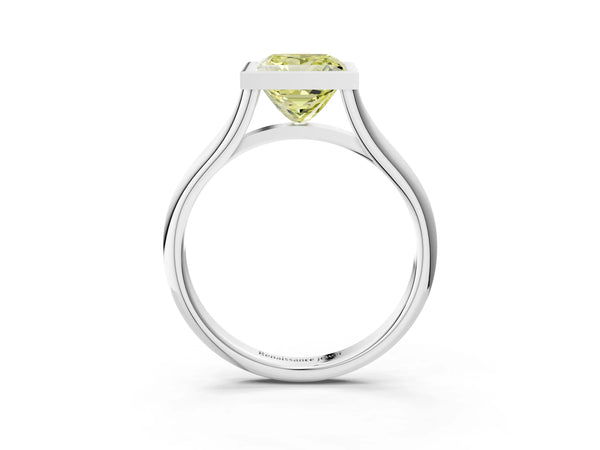 White gold Bezel Set Fancy Yellow Princess  Cut Solitaire Ring with Tapered Band