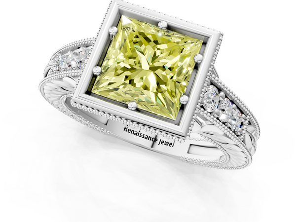 Platinum Bezel Set Fancy Yellow Princess  Diamond Milgrain Pave Engagement Ring