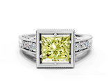 White gold Bezel Set Fancy Yellow Princess  Diamond Milgrain Pave Engagement Ring
