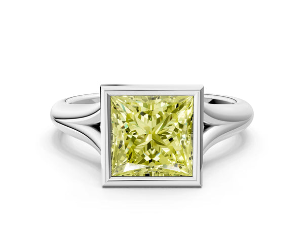 White gold Bezel Set Fancy Yellow Princess  Solitaire Diamond Ring with Smooth Band