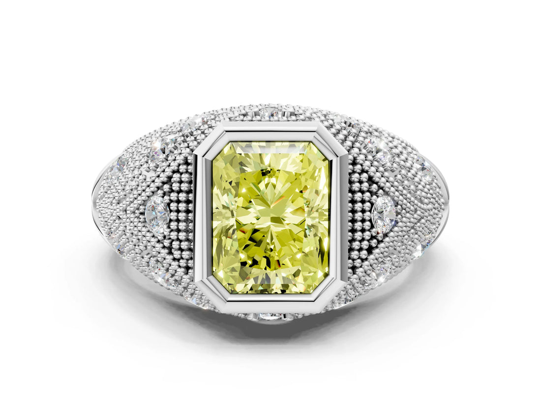 White gold Bezel Set Fancy Yellow Radiant Cut Diamond Milgrain Band Ring